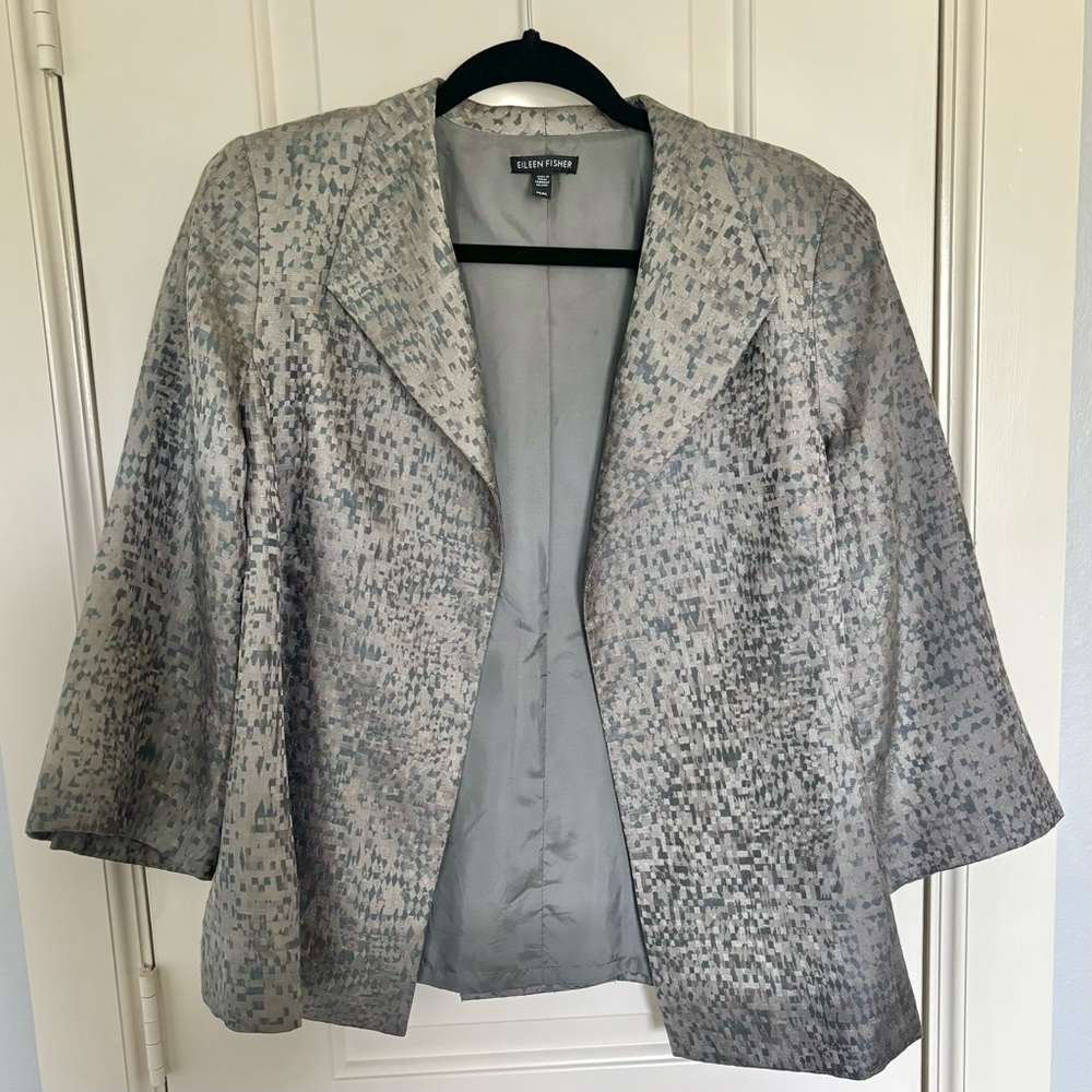 Eileen Fisher Silver Olive Silk Woven Open Front Jacket EUC